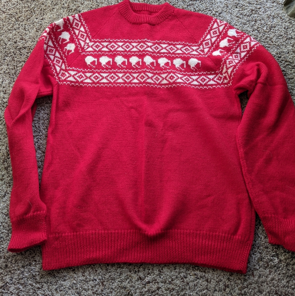 Vintage red sweater with kiwis and faire isle